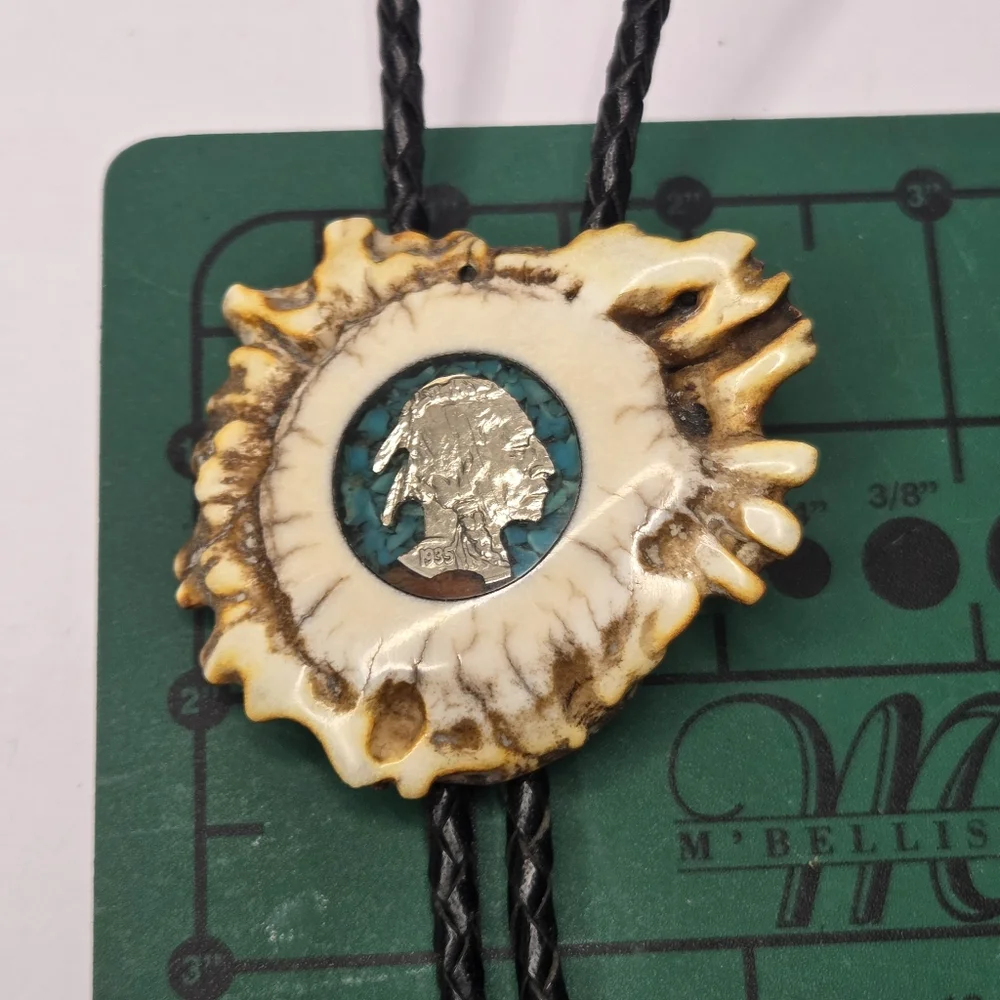 vtg antler bolo tie with buffalo head nickle tourqoise and coral leather cord